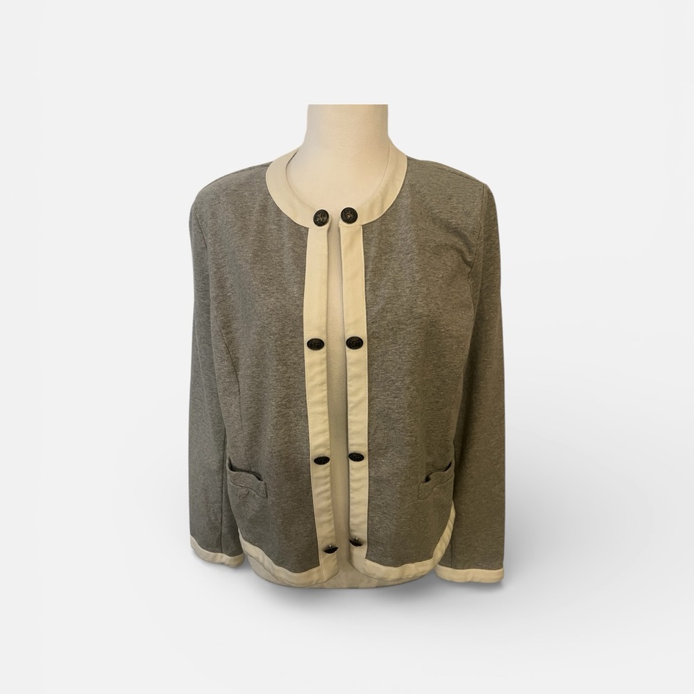 Tommy Hilfiger Gray Sweatshirt Knit Cardigan Blazer Cream Trim Large